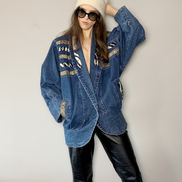 Vintage Jackets & Blazers - Oversized 80s denim jacket leopard and zebra print